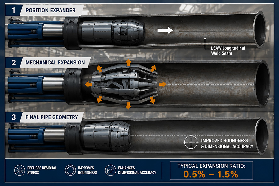 Mechanical expansion process of JCOE LSAW pipe showing how multi-segment expanders improve pipe roundness and dimensional accuracy